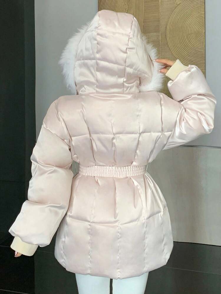 Casual Fur Collar Belted Loose Women Padded Coat Winter