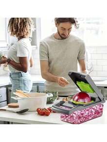 16 合 1 蔬菜切碎机（带容器）- 多功能厨房切洋葱、水果和蔬菜的塑料食品切片机，带安全锁，便携式设计和易清洁刀片，用于准备、切片、切丝、切蔬菜和切碎，简单的厨房工具，易于清洁 - 灰色 - 查看 8