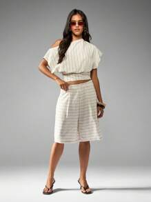 MISSGUIDED Striped Bermuda Tailored Linen Feel Shorts Mid Rise Pleated Knee Length Summer Resort Wear Walking Casual Beach Vacation Bottoms - Apricot - View 4