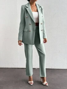 EURMUSE Bộ vest thanh lịch cổ ve áo màu trơn tay dài hai hàng khuy cho nữ - Màu xanh Bạc hà - Xem 5