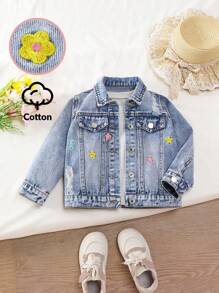 少女刺绣花朵牛仔外套，复古时尚，活力四射，适合日常上学、户外活动、休闲聚会