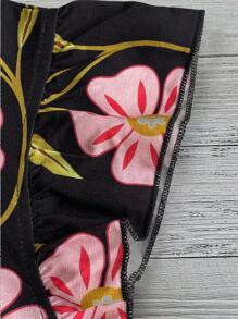 EMERY ROSE 女士休闲粉色印花竹纤维圆领荷叶袖短袖衬衫，春夏款 - 黑色 - 查看 4