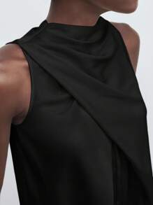 Maija 女士黑色立领褶皱前襟纽扣缎面优雅休闲宽松蝴蝶结无袖上衣，适合度假、办公穿着，不对称复古风格，秋季女装，女士服装，黑色上衣 - 黑色 - 查看 6