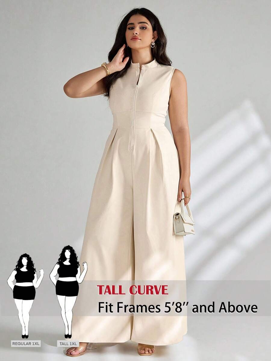 SHEIN Tall CURVE 加大码超宽腿前拉链无袖连体裤 高个子曲线女式连体裤 加大码高个子女式连体裤 宽腿连体裤 高个子女式连体裤 女式喇叭腿连体裤 加大码 - 杏色 - 查看 1