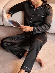 Manfinity Underwear&Sleepwear Basics Men's Lapel Collar Patchwork Pocket Contrast Piping Long Sleeve Shirt And Pants Pajama Set, Spring/Autumn, Fall Winter Clothes