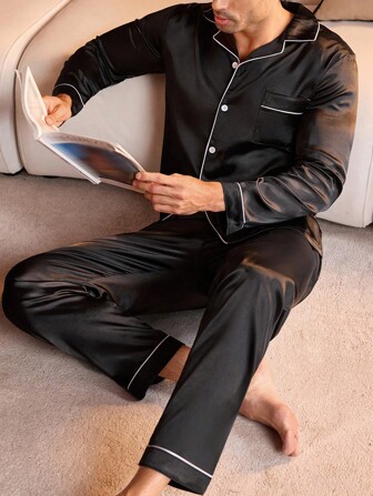 Manfinity Underwear&Sleepwear Basics Herrpyjamasset med långärmad skjorta och byxor, lappmönster, fickor, kontrasterande passpoaler, vår/höst, vinterkläder