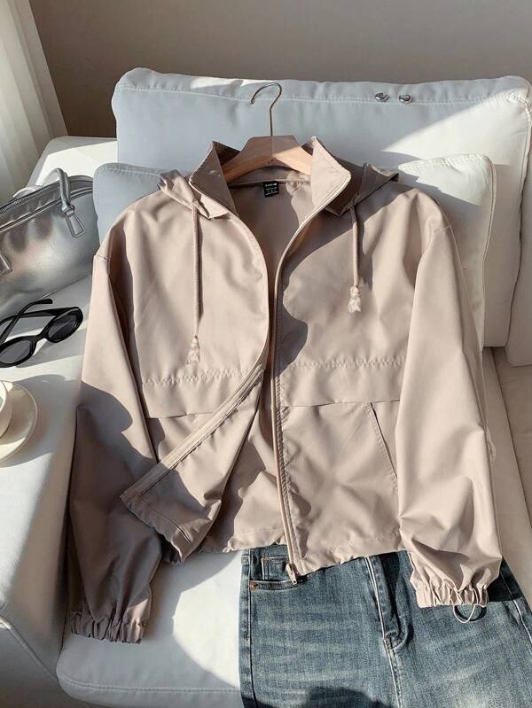 Comfortcana Khaki Plus Size Women Casual Long Sleeve Zip Front Hooded Jacket,Fall Clothes For Women Winter Autumn