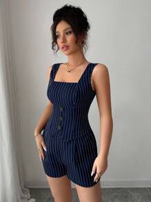 Chiquease 夏季休闲通勤条纹背心和短裤两件套 - 藏蓝色 - 查看 4