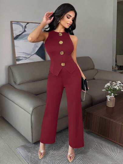 Vavine 1 Conjunto de Elegante Conjunto de Dos Piezas con Botones de Metal sin Mangas y Delgado para Mujer