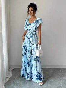 Lyxana V-Neck Digital Print Vacation Style Ruffle Waist A-Line Elegant Romantic Women Dress - Multicolor - View 4