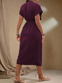 Roveilla 加大码女式纯色简约日常短袖连衣裙，适合圣诞节勃艮第酒红色长款女装 - 酒紅色 - 查看 2