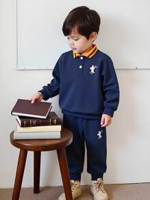 SHEIN Boys' Casual Navy Blue Polo Collar Long Sleeve Top + Matching Pants, Chest Graphic Design, Contrast Collar, Suitable For Daily Wear, Summer Back To School Season - Royal Blue - View 5