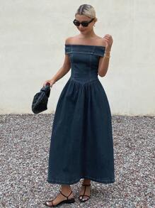 Livesso 女式夏季露肩束腰宽松牛仔连衣裙 - 藍色 - 查看 1