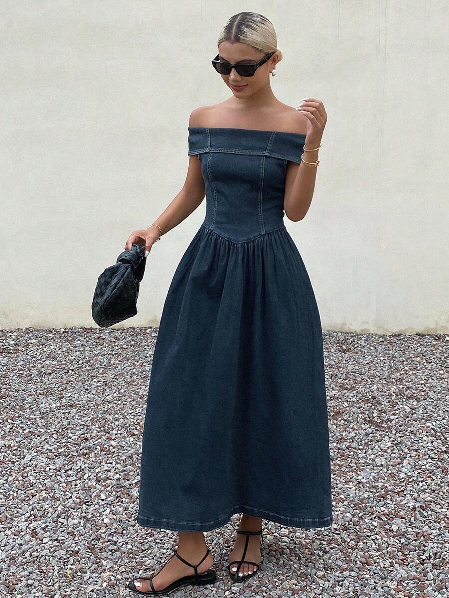 Livesso 女式夏季露肩束腰宽松牛仔连衣裙 - 藍色 - 查看 1