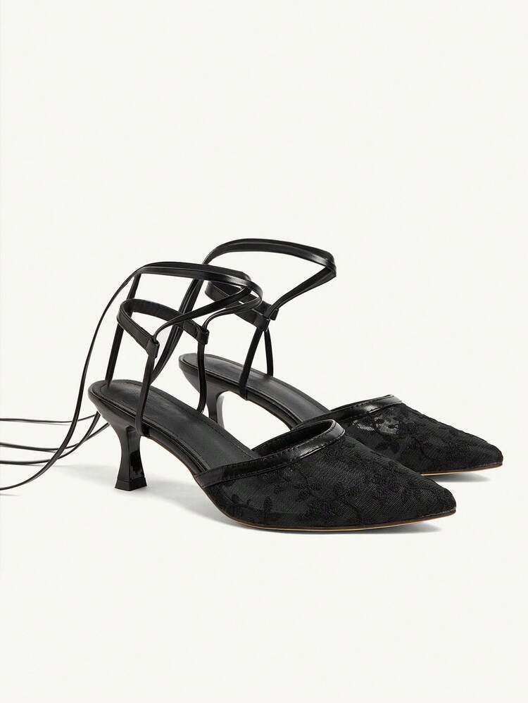 CUCCOO CHICEST Women's Floral Embroidered Lace Pointed Toe Kitten Heel Mid-Heel Elegant Sweet Romantic Sexy Gothic Victorian Style Black Mesh High Heel Sandals, Ankle Strap Lace-Up Shoes For Afternoon Tea, Date, Party, Wedding, Halloween, Lolita, Valentine's Day