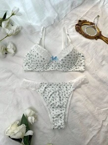 2pcs Set Romantic Floral Lace Patchwork Butterfly Decor 3/4 Cup Bra & Panty Set For Women - Blue and White - View 1