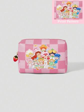 Bolsa cosmética portátil con patrón de cuadros y decoración de fresa