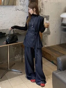 DAZY 女士日式无袖衬衫和宽松牛仔裤两件套，春秋 - 藍色 - 查看 5