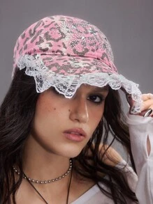 ROMWE Kawaii 1pc Women's Leopard Print Rhinestone Star YK2 Baseball Cap - Pink - View 4