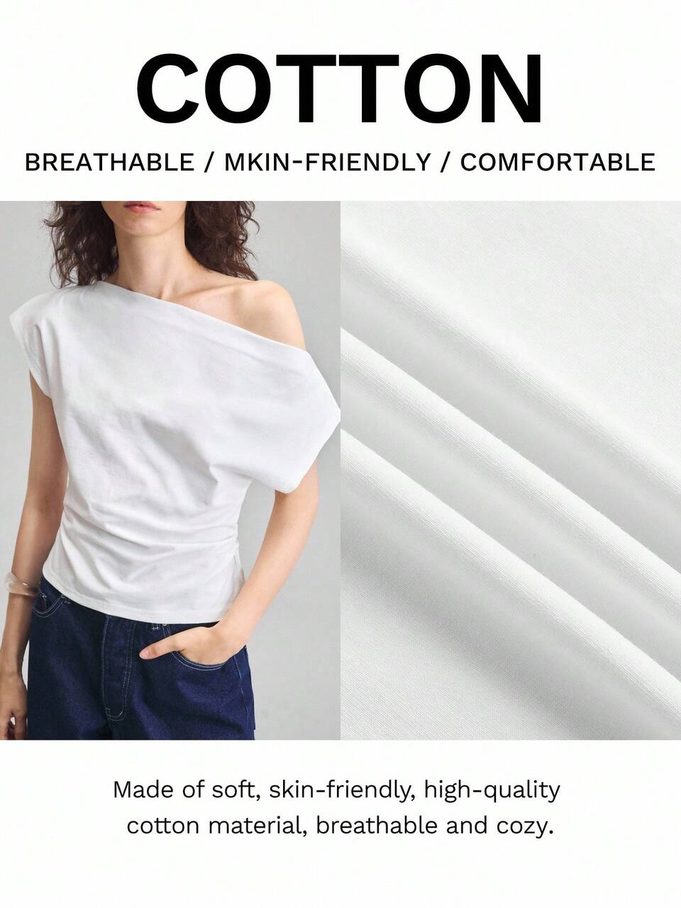 Women's White,Summer,Effortless Chic,Elegant,Vacation Asymmetrical Shoulder T-Shirt,Solid Color Fashionable Casual Retro Versatile Basics,Party Wear