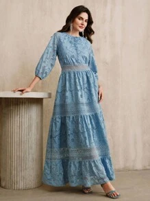 Anewsta French Elegant Lace-Up Lace Hollow Out 3/4 Sleeve Dress For Women, Elegant Office Dress, Western Outfits For Women, Boho Women's Clothing