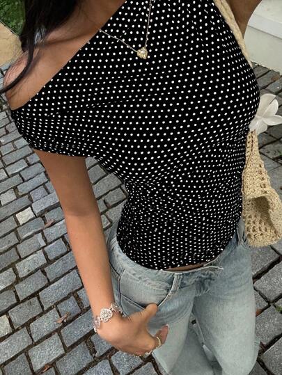 Sunnyshic Petite 白色和黑色波尔卡圆点不对称褶皱修身腰部衬衫，优雅休闲度假沙滩装，适合娇小女性夏季穿着