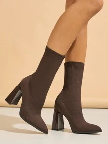 Daringsoles Women's Pointed Toe Chunky High Heel Slip-On Knit Tight Fit Ankle Boots For Christmas - Coffee Brown - View 6