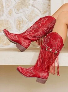 Styleloop Western Style Studded Buckle Design Women's Mid-Calf Riding Boots, Suitable For Halloween, Christmas, Party - Red - View 4