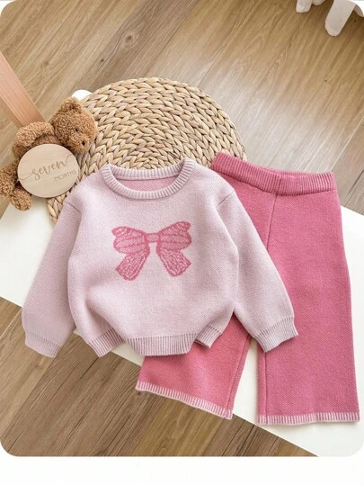 SHEIN 2件套女婴蝴蝶结装饰长袖毛衣和粉色裤子套装