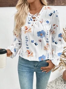 EMERY ROSE Women's V-Neck Floral Pattern Casual/Work Long Sleeve Shirt Fall Cloth For Women - Multicolor - View 5