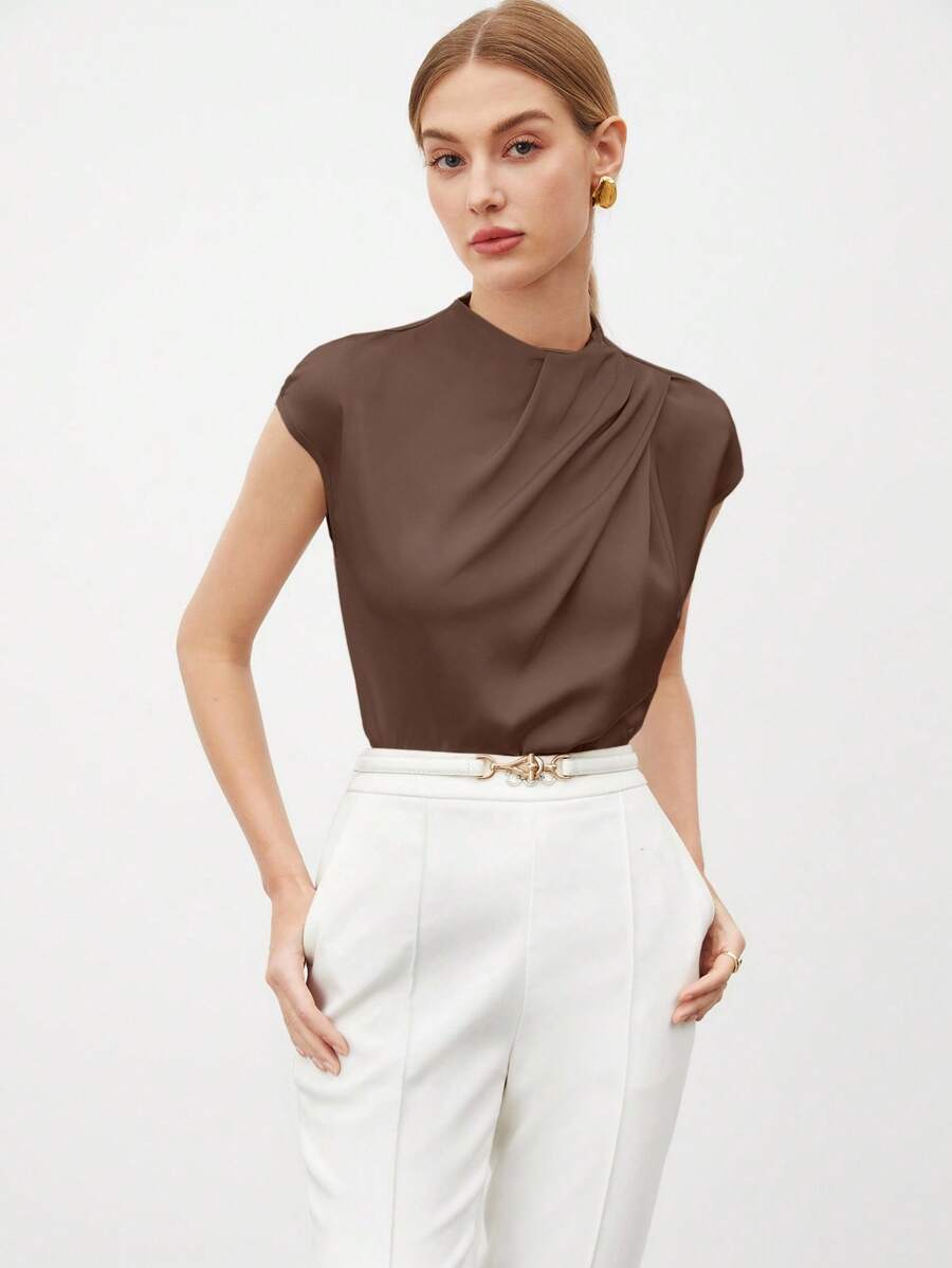 SHEIN BIZwear 女式简约纯色优雅褶皱衬衫，夏季 - 棕色 - 查看 1