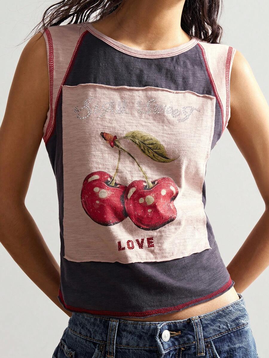 Bohemela Women's Knitted Crew Neck Cherry Print Tank Top - Dark Grey - View 1