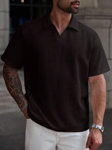 Manfinity Homme Kemeja Polo Lengan Pendek Polos Kasual Pria Ukuran Besar, Musim Panas - Hitam - View 4