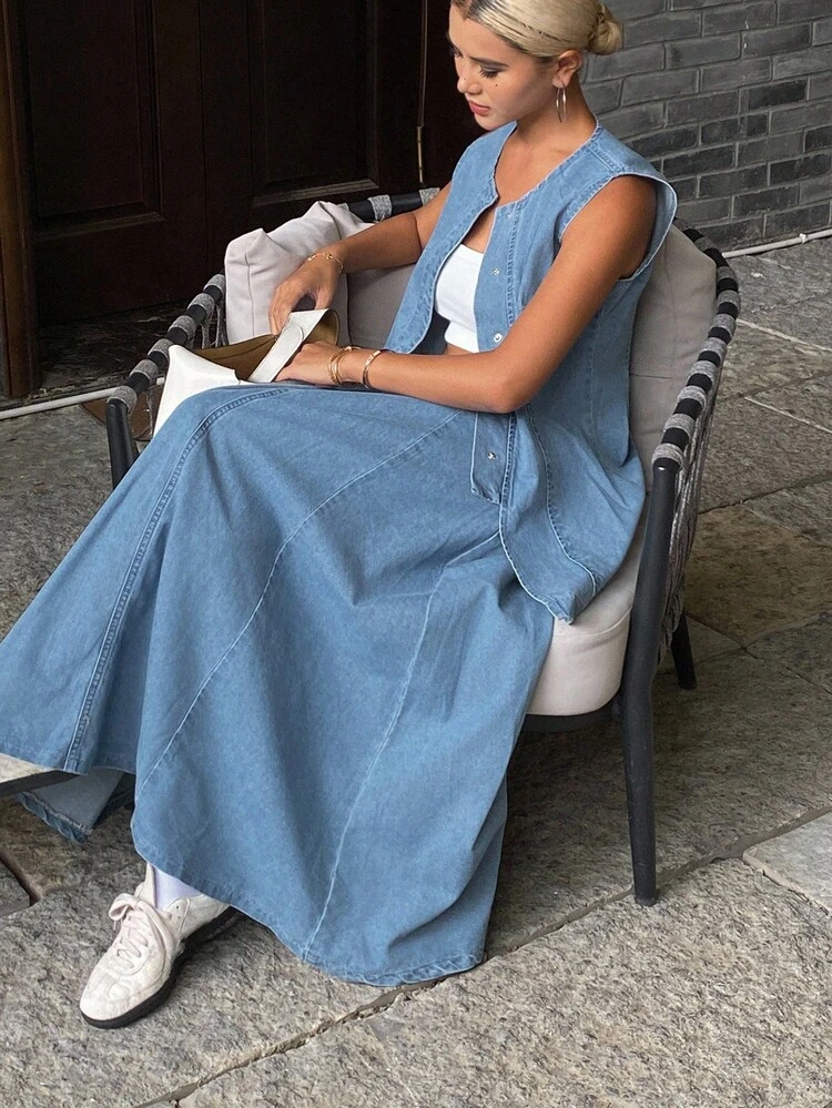 Women's Western Cowgirl Solid Color Waist Cinched Round Neck Sleeveless A-Line Pocket Casual Summer Dress Set