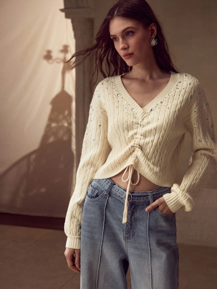 RHINESTONE DRAWSTRING FRONT SWEATER KNIT PULLOVER FALL WINTER