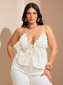 SHEIN BAE Plus Size Women's Linen Sleeveless Crop Top,White,Summer,Elegant,Night Out Club,,Spring,Fall,Halloween,Back To School,Christmas,Wedding Guest - White - View 4