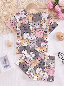 SHEIN Tween Girls' Casual Minimalist Cat Cartoon Pattern Round Neck Short Sleeve Shorts Pajamas, Suitable For Summer Cute Pajamas For Women Kawaii Pajamas Cat Pajamas Cute Cat Pajamas Kitten Pajamas