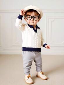 SHEIN 幼儿/婴儿男童长袖半拉链马球领针织毛衣