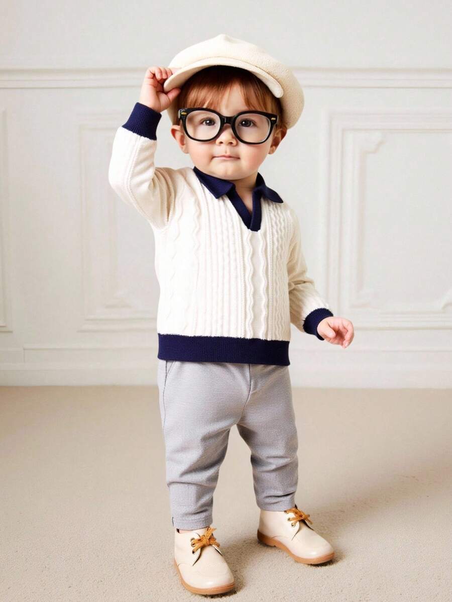 SHEIN 幼儿/婴儿男童长袖半拉链马球领针织毛衣