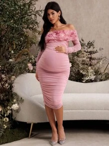 SHEIN MaterniChic 孕妇露肩褶皱紧身连衣裙，优雅派对长礼服，粉色 - 粉色 - 查看 4