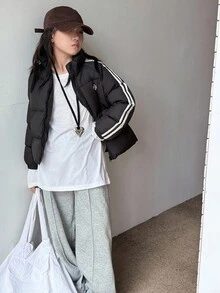DAZY Abrigo acolchado de unicolor con bloques de color y rayas casual para niñas preadolescentes, invierno - Negro - Ver 5