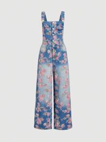 SHEIN MOD Women's Casual Washed Floral Print Denim Bib Pants Floral Denim Jumpsuit,Fall Clothes For Women,Office Outfits For Women,Birthday Outfits For Women,Lounge Jumpsuits For Women,Elegant Jumpsuits For Women,Western Wear Women,Fall Jumpsuits For Women,Country Concert Outfit,Classy Outfits For Women,Vintage Clothes Women,Old Money Outfits Women,Street Wear,Floral Jumpsuits - Medium Wash - View 5