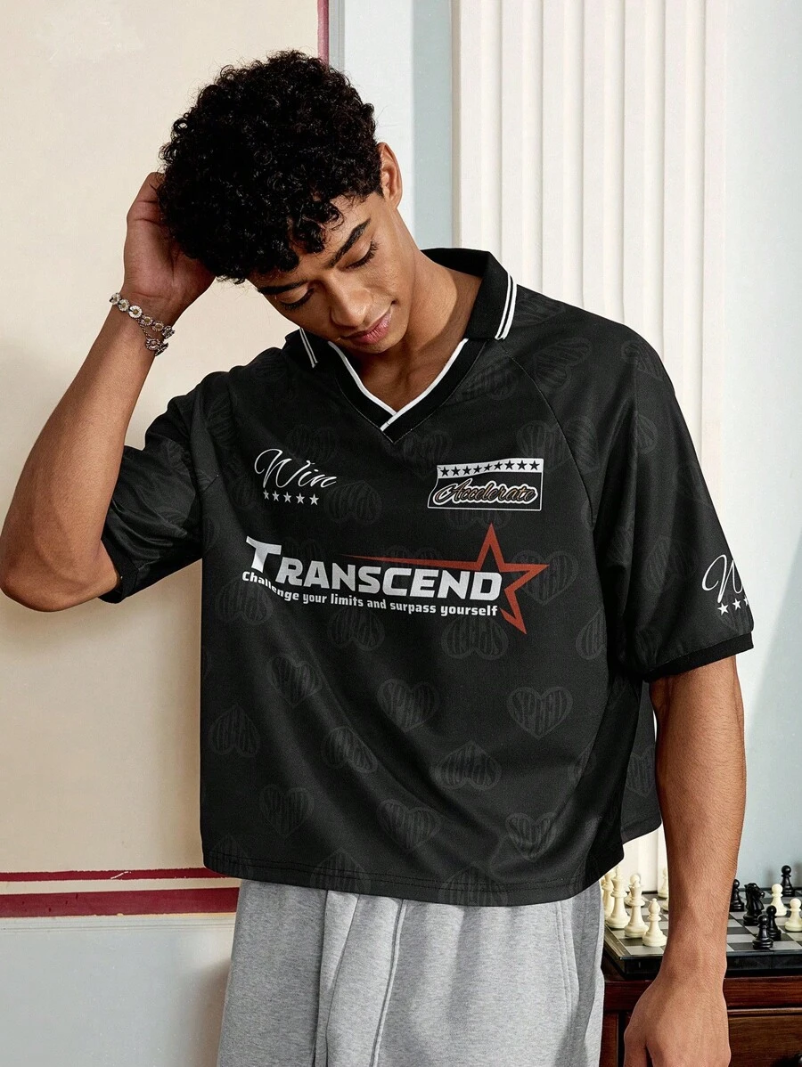 SWAVVY 男士休闲标语印花短袖 Polo 衫，夏季 - 黑色 - 查看 1