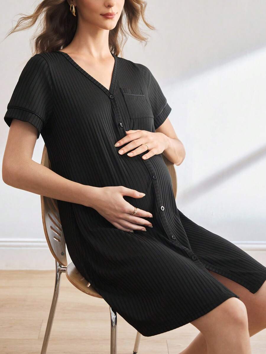 BloomMama Maternity Sleepwear - 3/4 Sleeve Dress (Ribbed) Maternity Clothing Nursing Clothes Maternity Dress Pregnancy Dress - Black - View 1