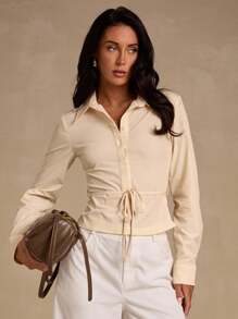 Glamine 女式半开袖衬衫，弹力修身性感优雅简约设计，适合通勤、都市、现代职场、美人鱼风格，适合春夏秋冬所有季节 - 杏色 - 查看 9