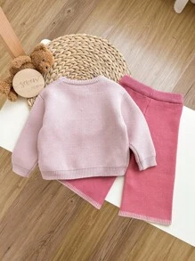 SHEIN 2件套女婴蝴蝶结装饰长袖毛衣和粉色裤子套装，女婴针织套装，女婴毛衣套装，两件套女婴冬季服装，蝴蝶结毛衣套装，女婴冬季秋季服装 - 粉色 - 查看 2