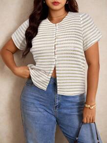 Elaquor 大码夏季休闲通勤条纹纽扣T恤 - 杏色 - 查看 5