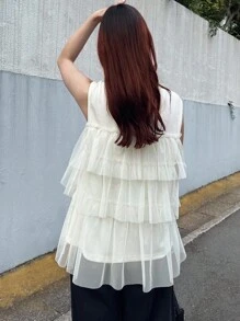 FRIFUL 女式拉链T恤，分层网眼褶皱设计，宽松休闲百搭夏季，适合音乐节 - 白色 - 查看 5