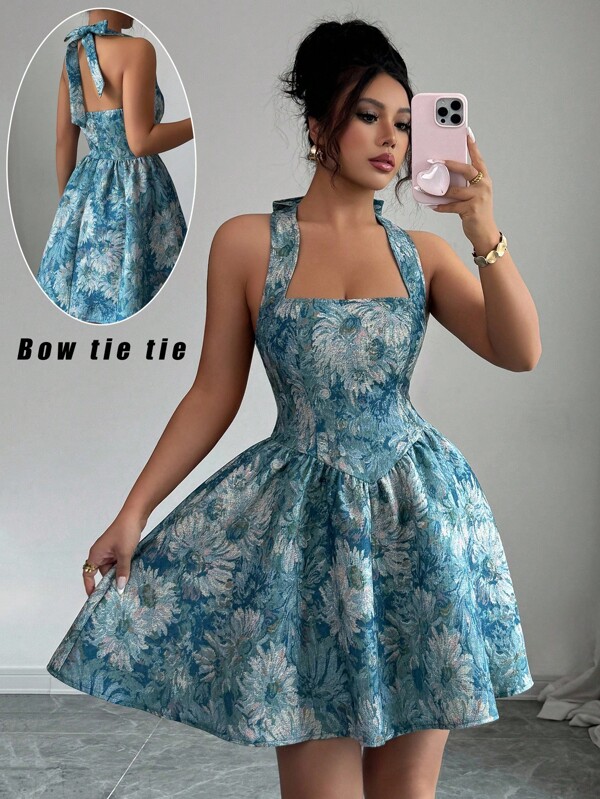 Glyssa Women's Halter, Bowknot Back Ruffle Mini Vintage Court Style Printed Dress, Suitable For Party, Date, Music Festival, Outdoor Occasions In Spring/Summer