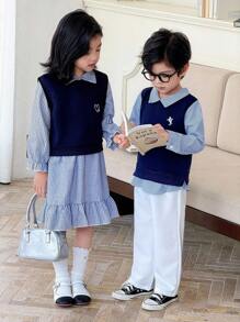 Genkimix Kids 2pcs/Set Boys' Striped Splice 2 In 1 Back To School Outfit, School Uniform, Children Back To School Clothing - Royal Blue - View 1